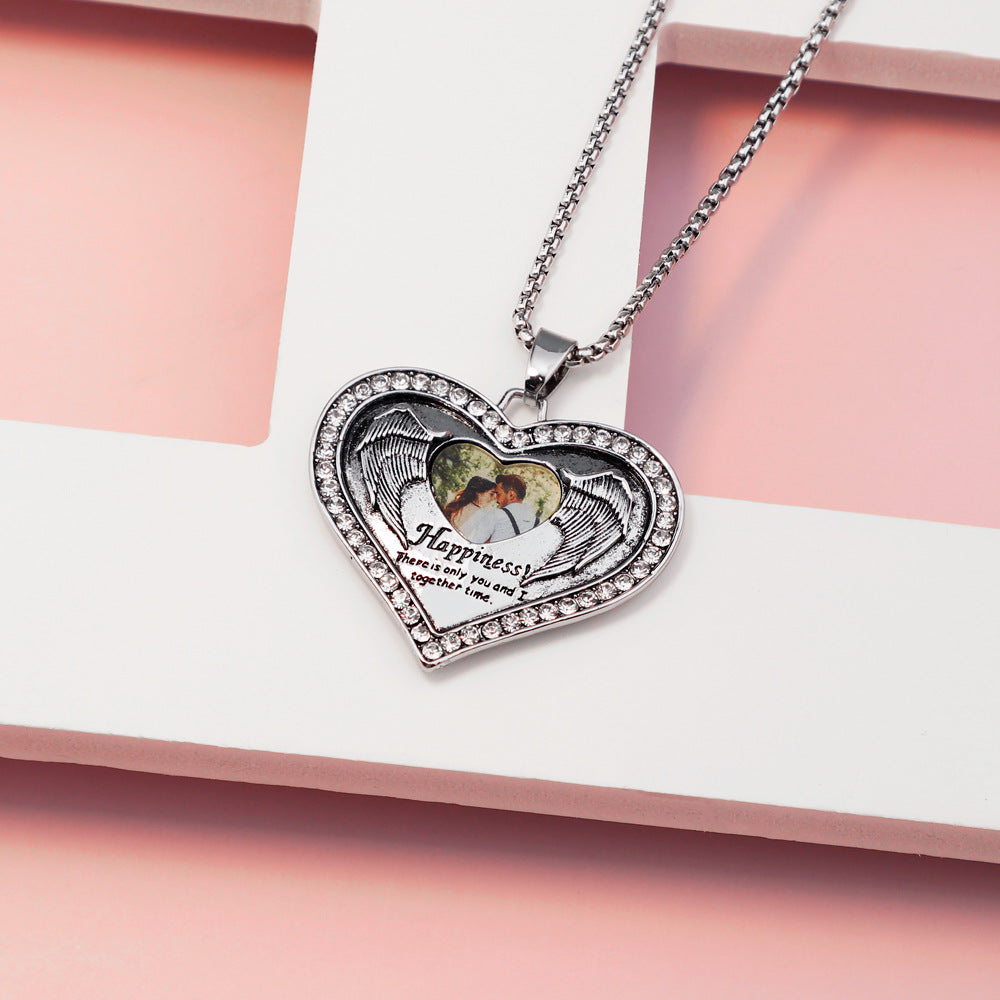 Personalized happiness lettering diamond color printing photo Peach Heart Necklace