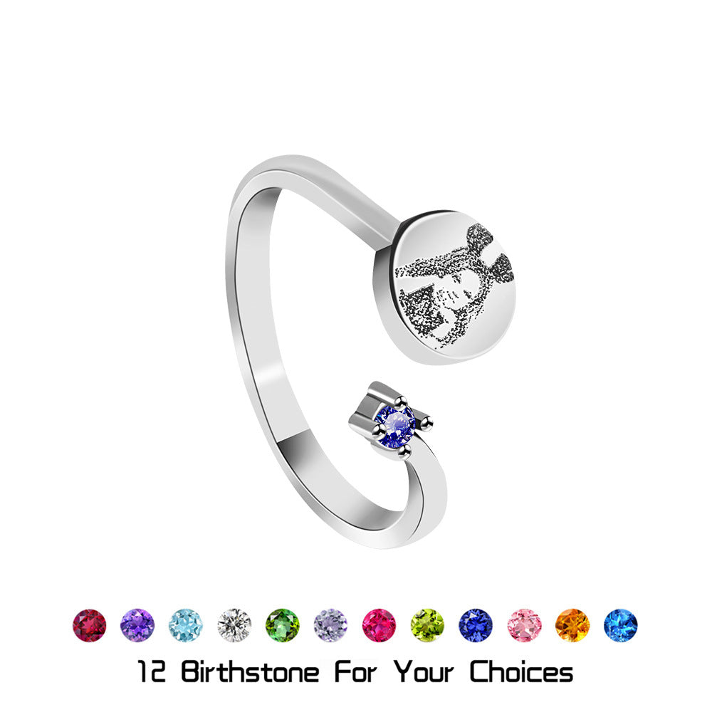 Custom Birthstone Ring - Personalized Photo Engraving Jewelry, Couple Gift, Birthday Gift