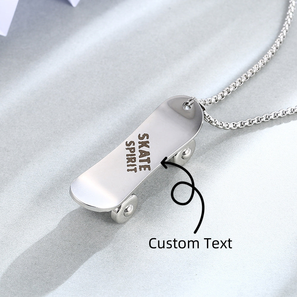Custom Name Engraved Skateboard Pendant Necklace with Spinning Wheels
