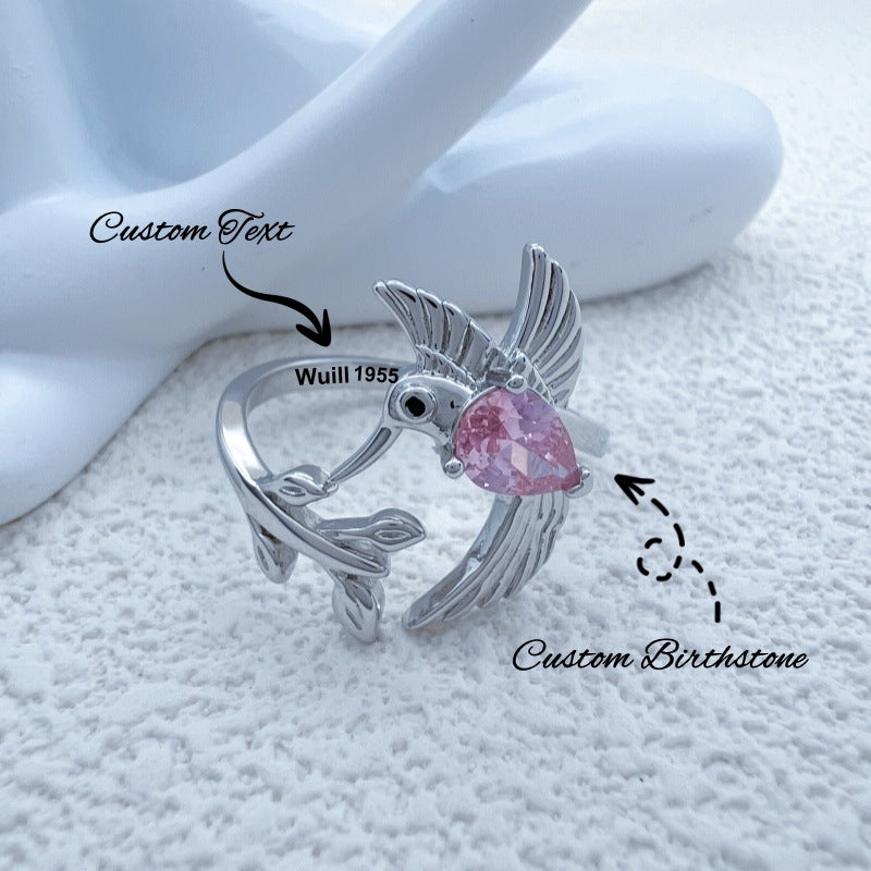 Custom Hummingbird Ring with Birthstone and Name Engraving - Adjustable Memorial Jewelry - Personalized Gift for Couple