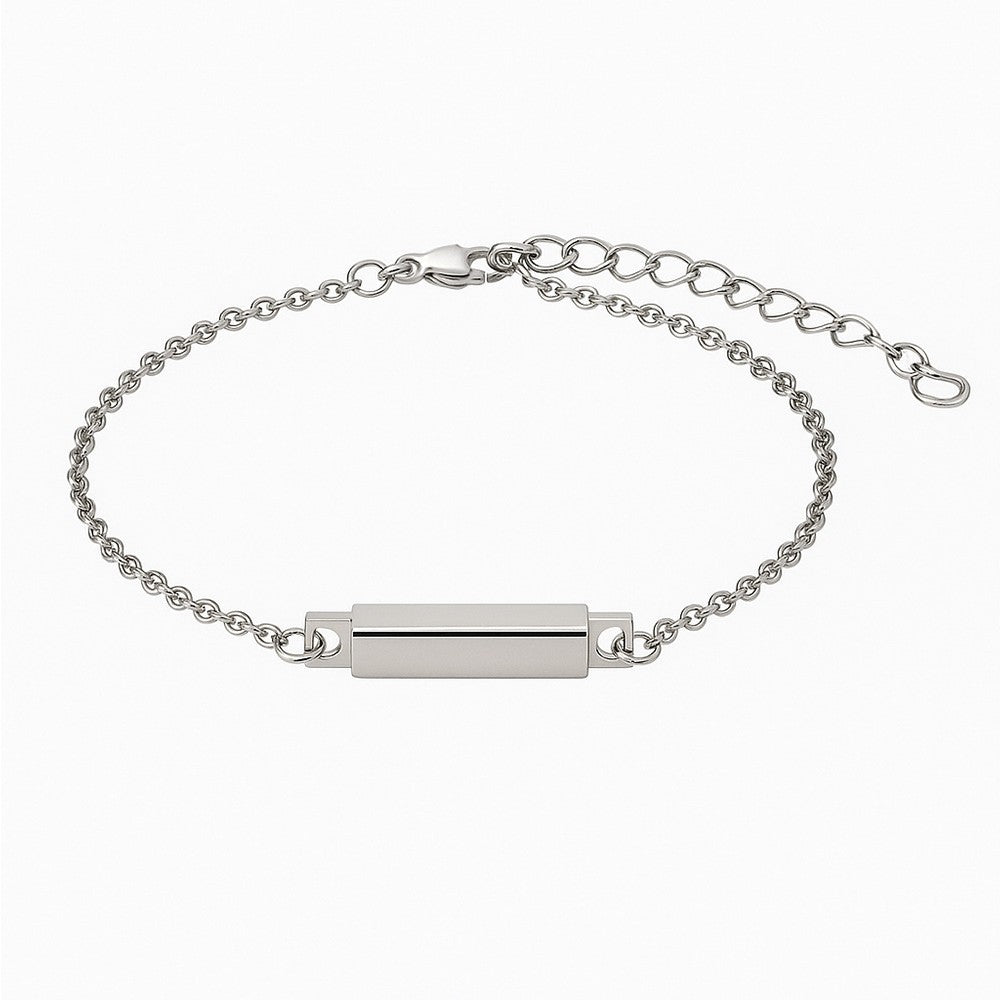 Custom Engraved Name Bracelet - Personalized Rectangular Bar Bracelet with Titanium Steel O-Link Chain or Wax Cord - Minimalist Couple Gift
