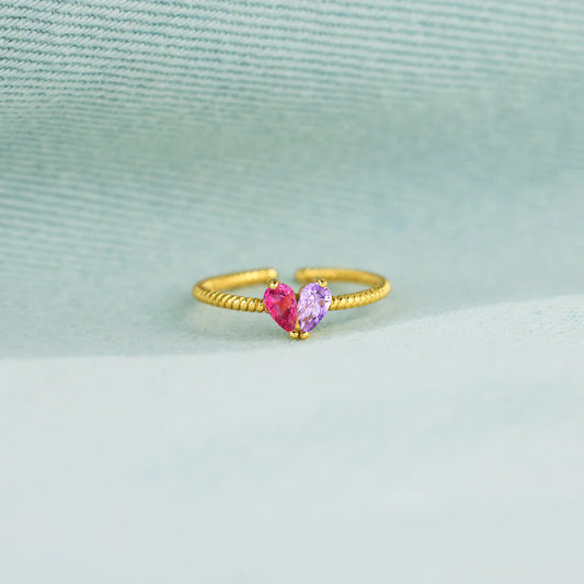 Partners in Love Custom Birthstone Ring - Interlocking Hearts Couple Ring with 2 Gemstones, Adjustable Copper Band, Personalized Anniversary Gift