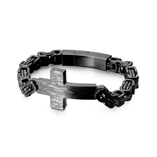 Custom Engraved Cross Bracelet - Hammered Texture Stainless Steel Chain - Minimalist Mens Jewelry - Birthday Gift For Him