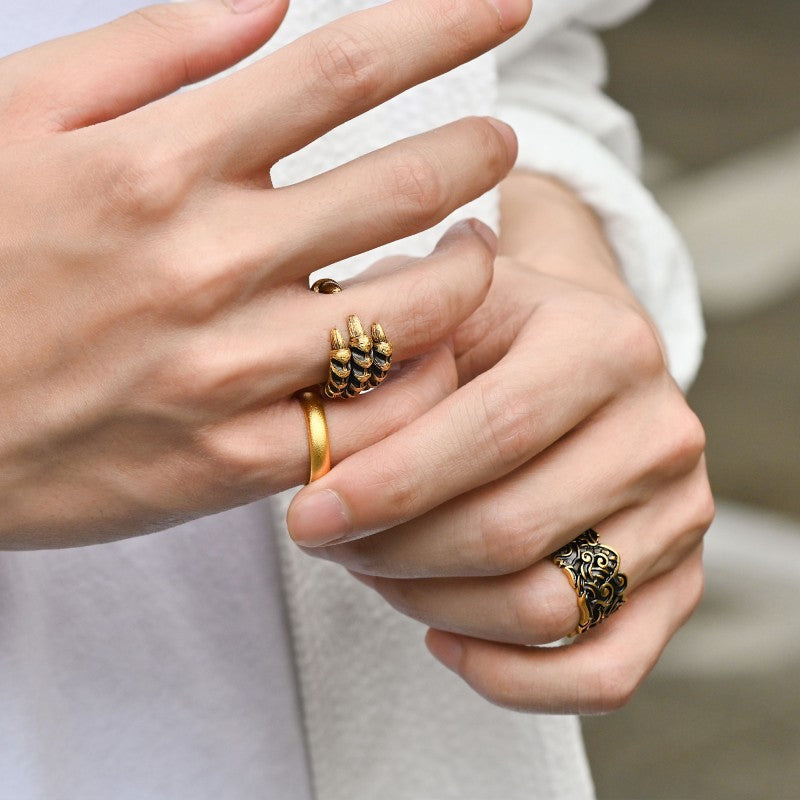 Dragon Claw Ring - Custom Engraved Gold Plated Copper Band - Adjustable Gothic Mens Jewelry - Vintage Open Band - Handmade Mythical Ring