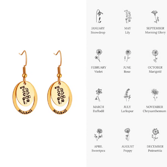 Personalized Birh Flower Stainless Steel Earrings with Name Engraving