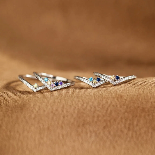 Personalized Crown Birthstone Ring - Custom 1-5 Zirconia V-Shaped Ring - S925 Sterling Silver Minimalist Stackable Ring