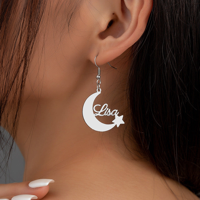 Custom Name Earrings, Star and Moon Dangle Earrings, Personalized Stainless Steel Jewelry