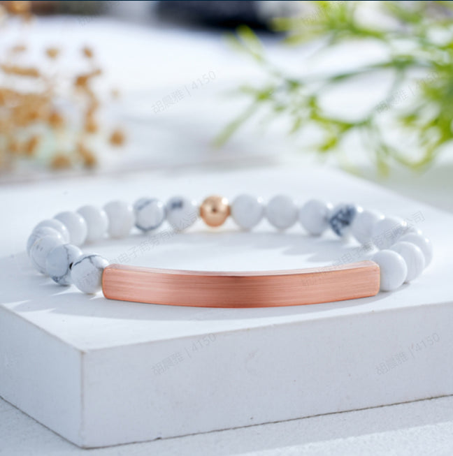 Custom Engraved Natural Stone Bracelet with Stainless Steel 3D curved Bar and Bead - Rose Gold