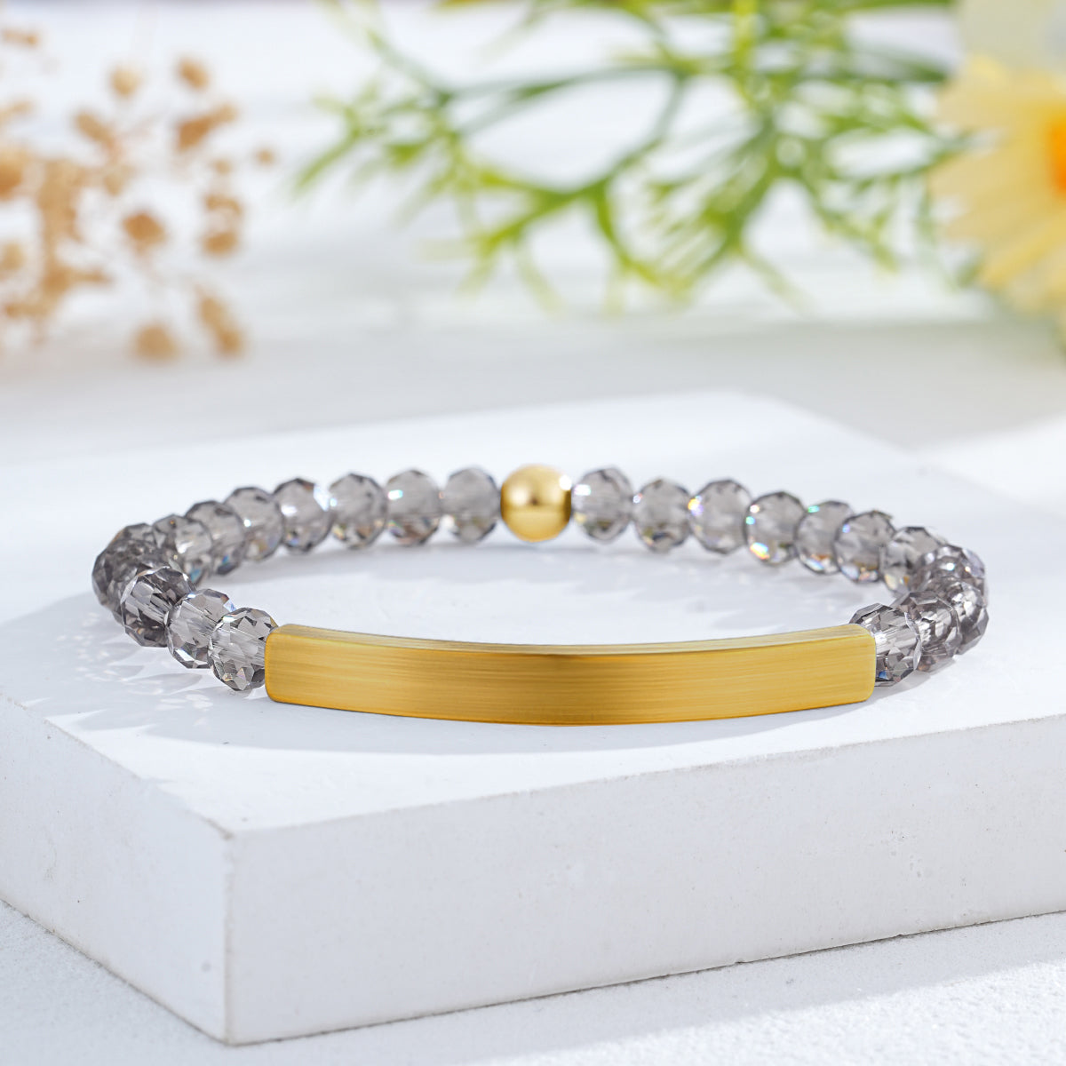 Custom Engraved Natural Stone Bracelet with Stainless Steel 3D curved Bar and Bead - Gold