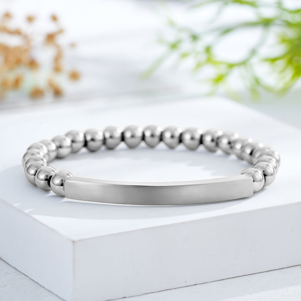 Custom Engraved Natural Stone Bracelet with Stainless Steel 3D curved Bar and Bead - Silver
