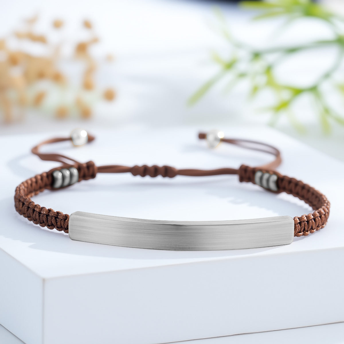 Custom Engraved Woven Bracelet with Stainless Steel 3D Rectangular Bar - Silver