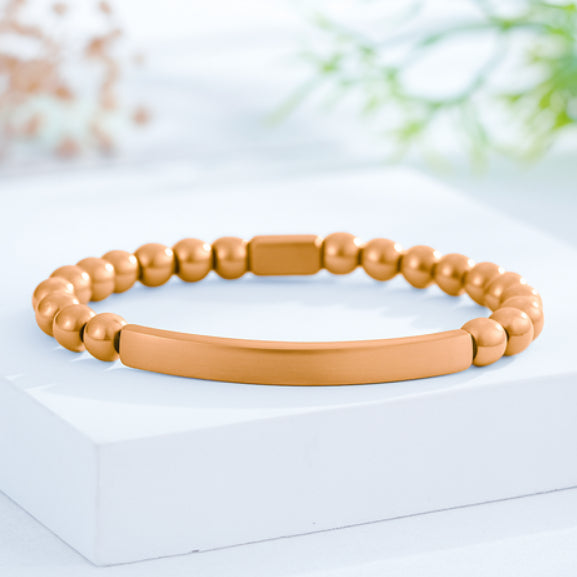 Custom Engraved Natural Stone Bracelet with Stainless Steel 3D Rectangular Bar - Rose Gold