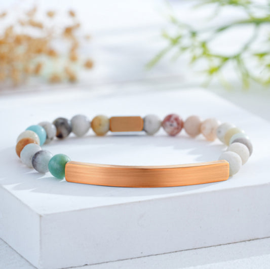 Custom Engraved Natural Stone Bracelet with Stainless Steel 3D Rectangular Bar - Rose Gold