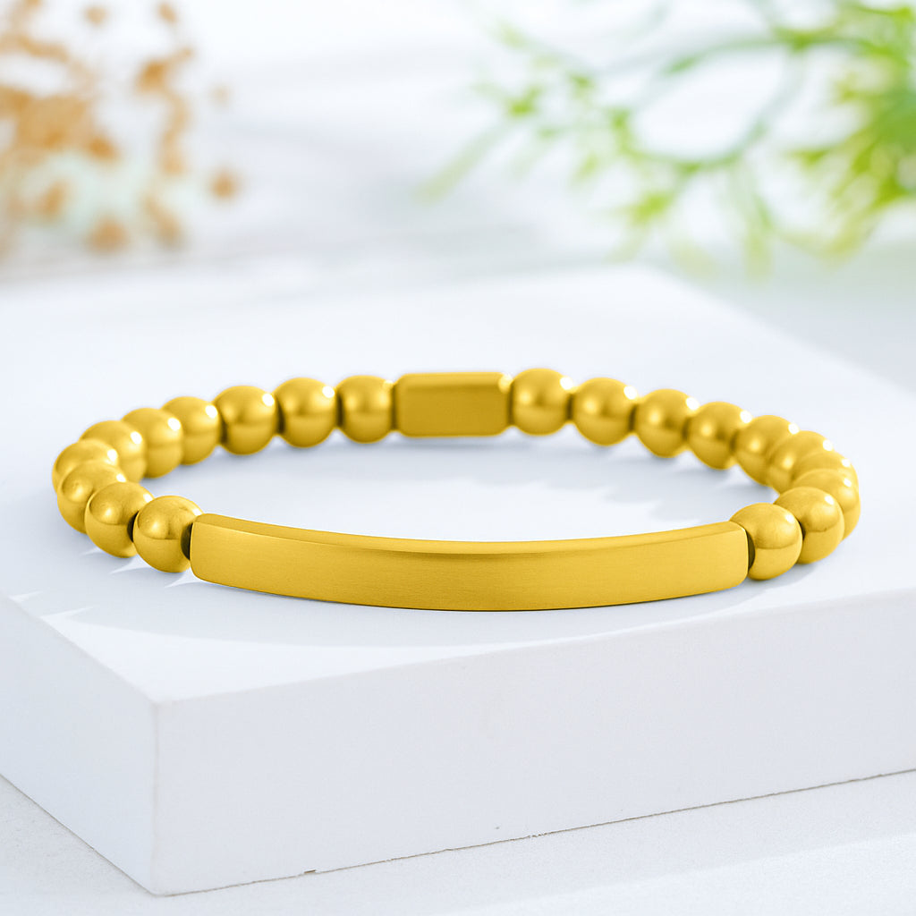 Custom Engraved Natural Stone Bracelet with Stainless Steel 3D Rectangular Bar - Gold