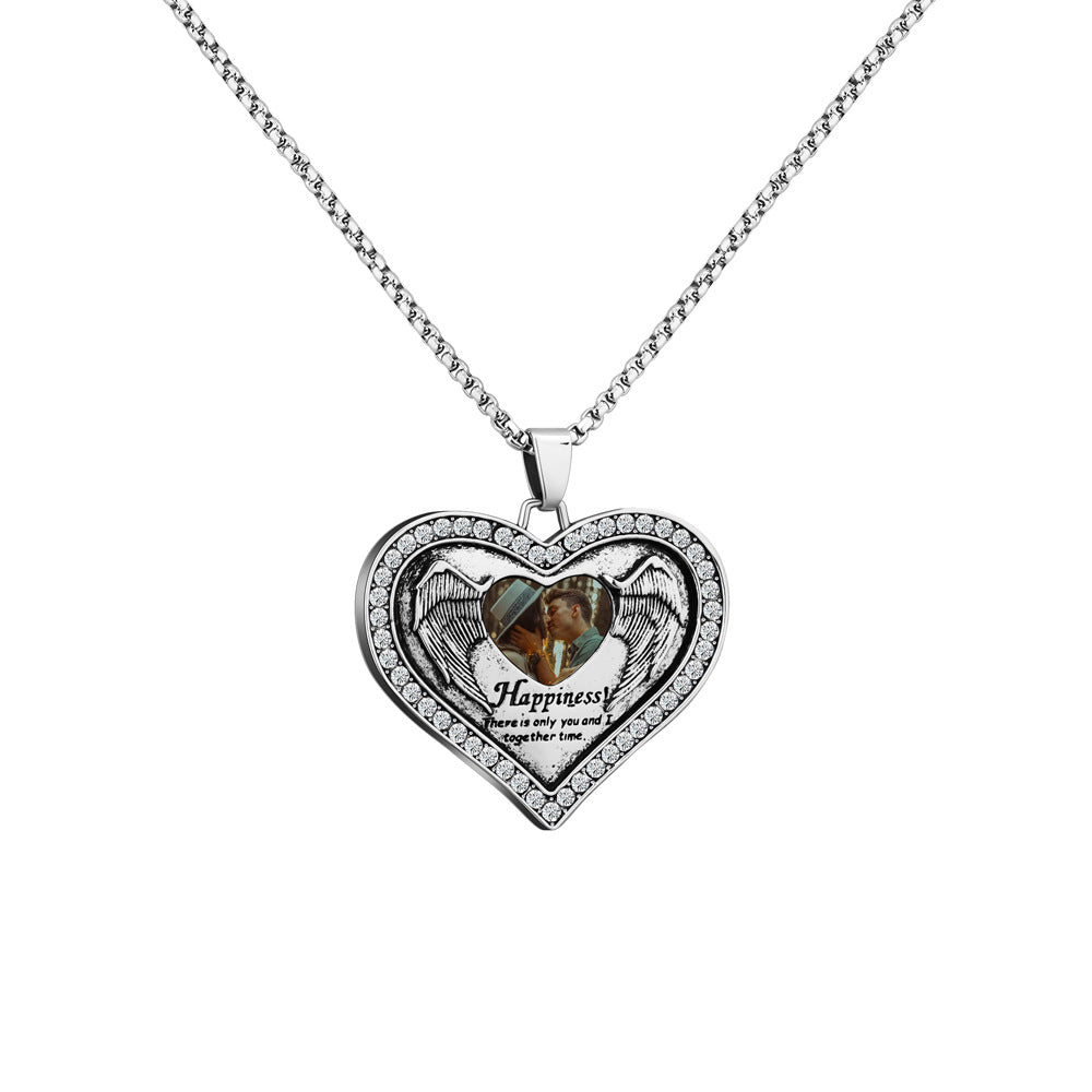 Personalized happiness lettering diamond color printing photo Peach Heart Necklace