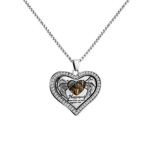 Personalized happiness lettering diamond color printing photo Peach Heart Necklace