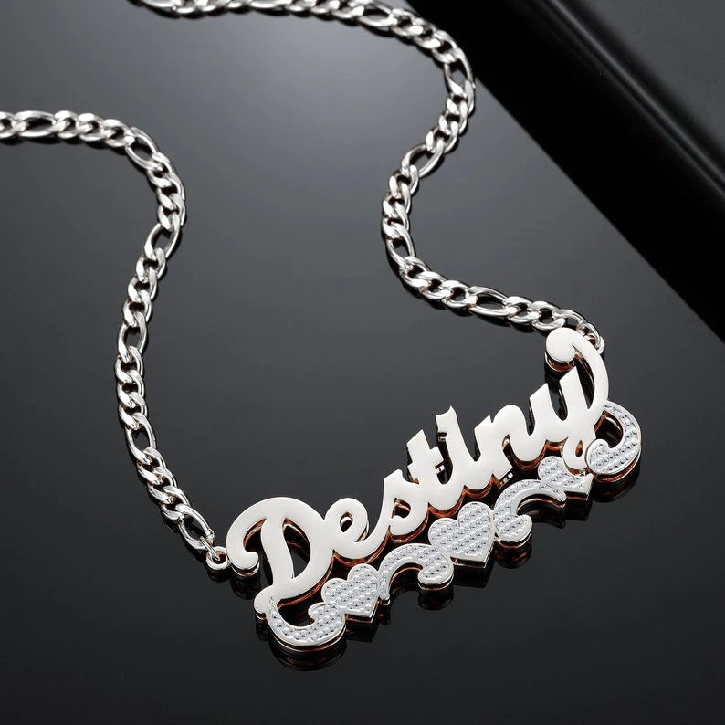 Personalised Double Plate Two Tone Heart Name Necklace