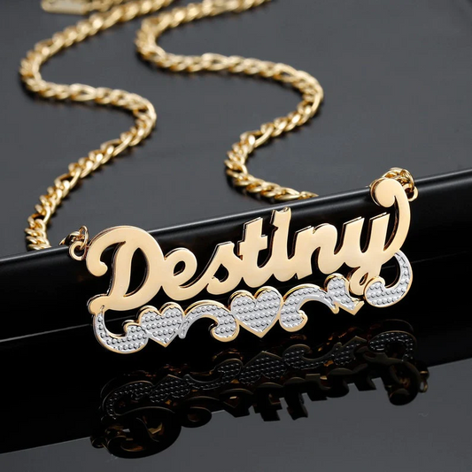 Personalised Double Plate Two Tone Heart Name Necklace