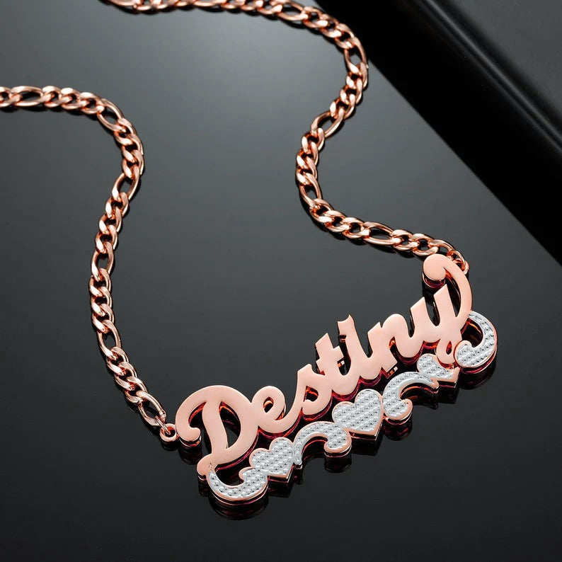 Personalised Double Plate Two Tone Heart Name Necklace
