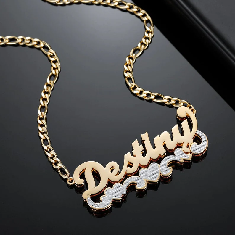 Personalised Double Plate Two Tone Heart Name Necklace