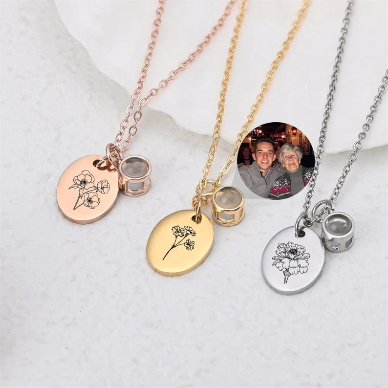 Personalized Birthday Floral Photo Projector Necklace