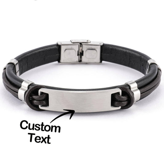 Curved Tag Leather Cord Men's Bracelet