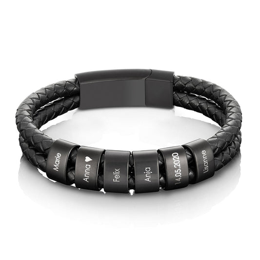 Custom double leather bracelet with black beads