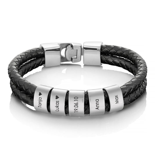 Custom silver beaded double leather bracelet
