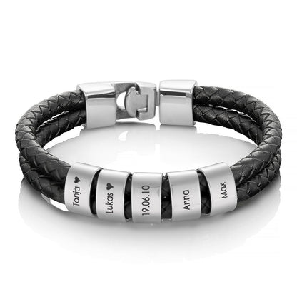 Custom silver beaded double leather bracelet