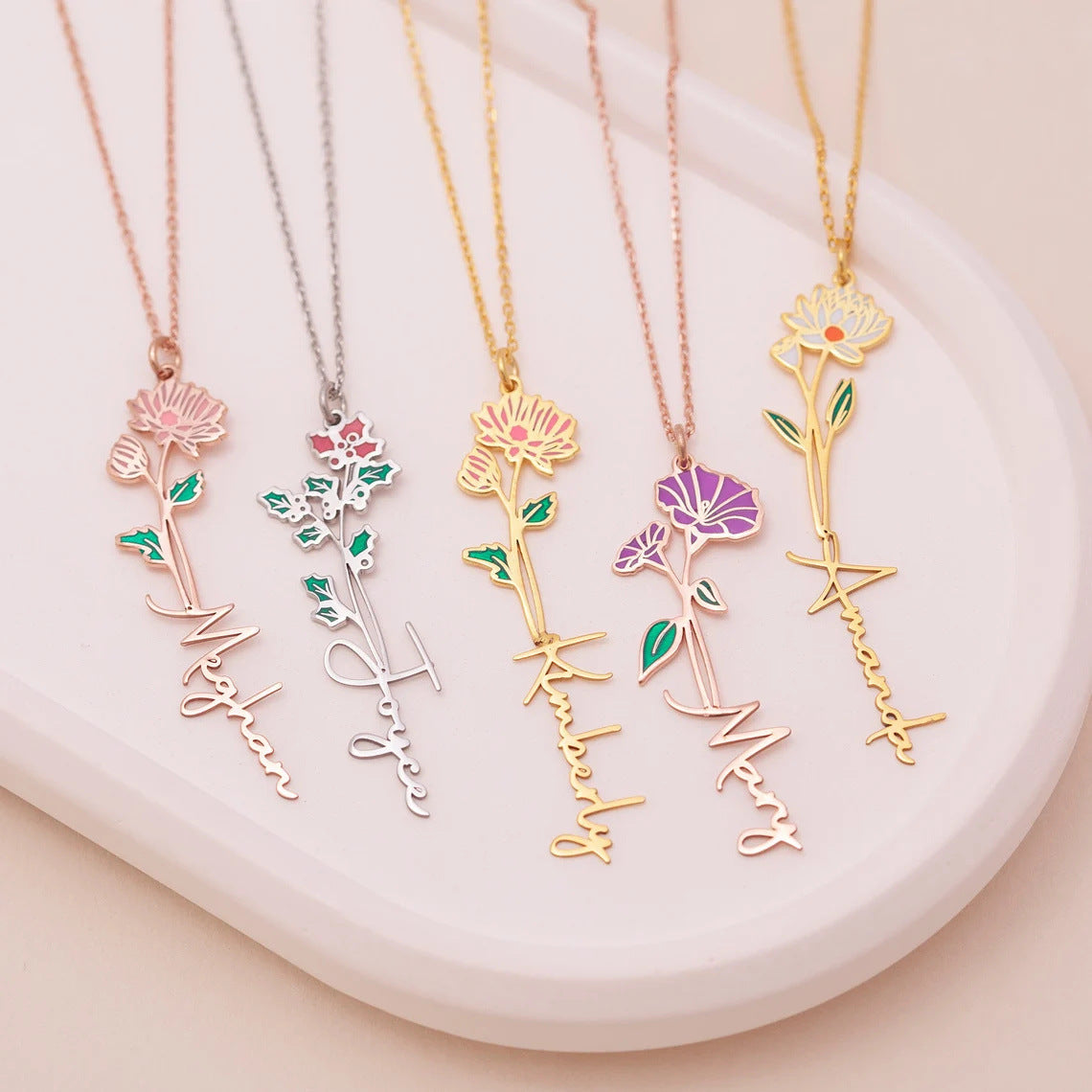 Custom birthday flower name necklace