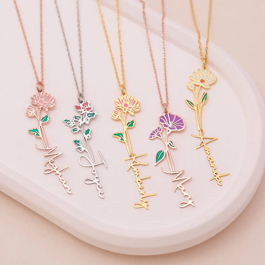 Custom birthday flower name necklace