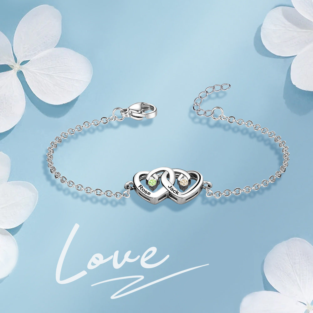 Personalized Heart Engraved Names Bracelet with Birthstone