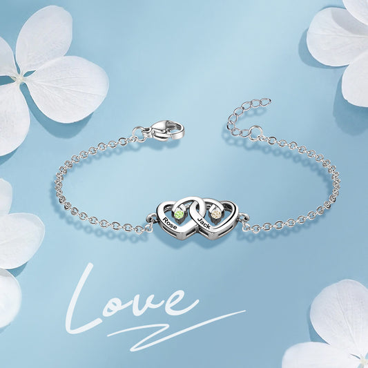 Personalized Heart Engraved Names Bracelet with Birthstone