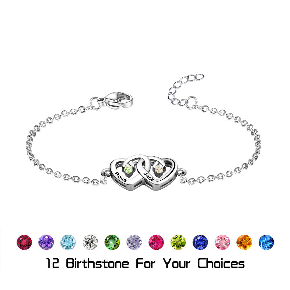 Personalized Heart Engraved Names Bracelet with Birthstone