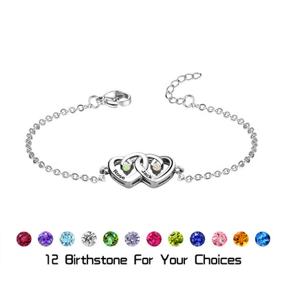 Personalized Heart Engraved Names Bracelet with Birthstone