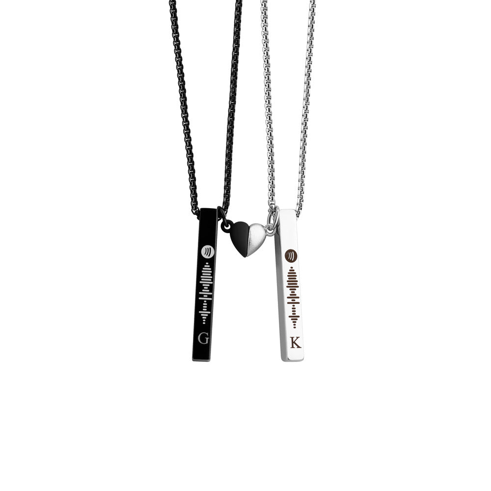 Personalized Heart-Shaped Magnetic Couples Engraved 3D Stick Necklace