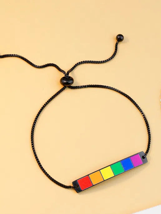 Personalized LGBT Box Bracelet - Custom Engraved Name & Acid-Etched Curved Charm - Stainless Steel Adjustable Chain