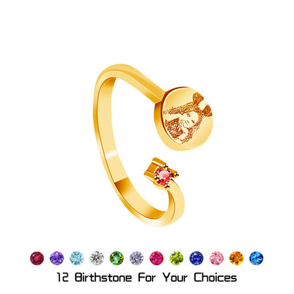 Custom Birthstone Ring - Personalized Photo Engraving Jewelry, Couple Gift, Birthday Gift