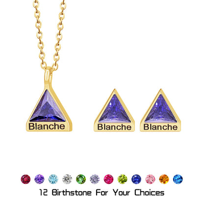 Geometric Birthstone Set - Custom Name Engraving Triangle Necklace and Earrings - Birthstone Matching Jewelry