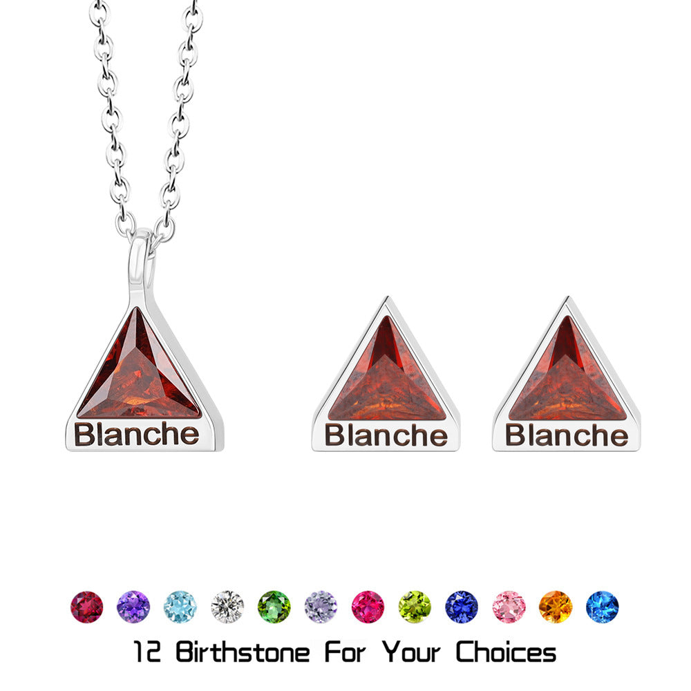 Geometric Birthstone Set - Custom Name Engraving Triangle Necklace and Earrings - Birthstone Matching Jewelry