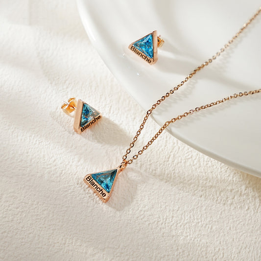 Geometric Birthstone Set - Custom Name Engraving Triangle Necklace and Earrings - Birthstone Matching Jewelry
