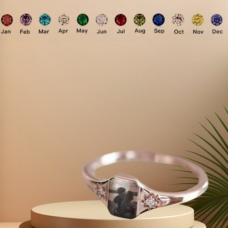 Custom Birthstone & Full-Color Photo Copper Ring - Personalized Engraved Memorial Jewelry, Anniversary Gift