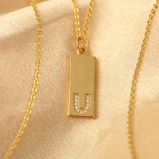 Minimalist Rectangle Initial Necklace - Custom Name Engraved with Zircon Accent, Birthday Gift, Unisex Accessories