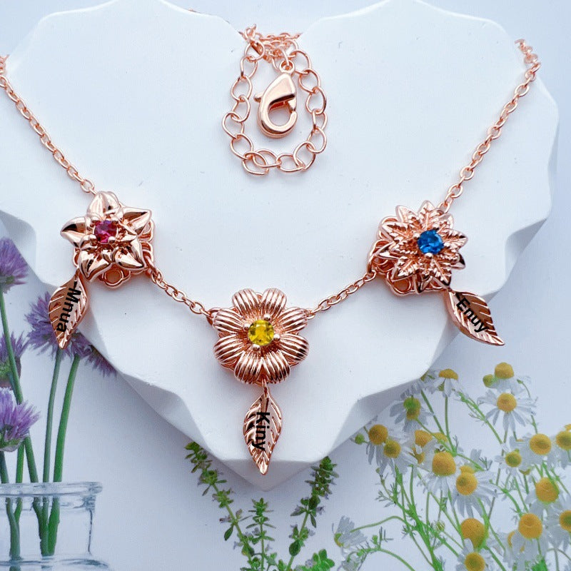 Rotating Birth Flower Necklace - Personalized Engraved Name & Spinning Floral Charm - Customizable Birth Month Jewelry with 12 Floral Motifs