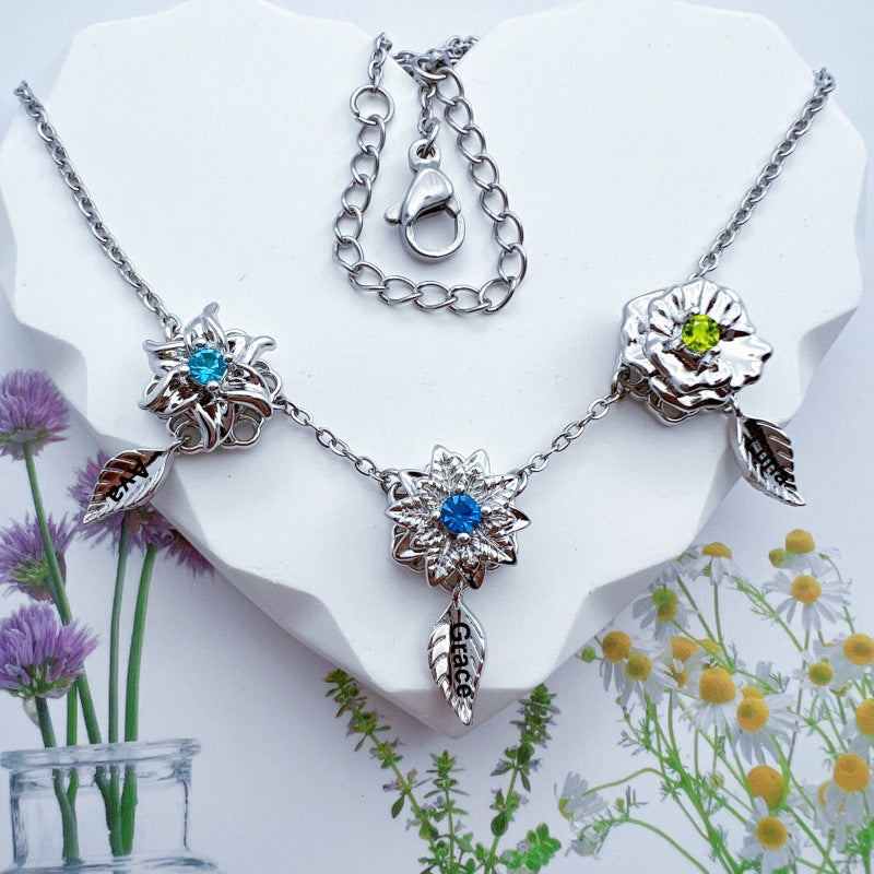 Rotating Birth Flower Necklace - Personalized Engraved Name & Spinning Floral Charm - Customizable Birth Month Jewelry with 12 Floral Motifs