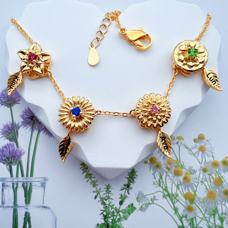 Rotating Birth Flower Necklace - Personalized Engraved Name & Spinning Floral Charm - Customizable Birth Month Jewelry with 12 Floral Motifs