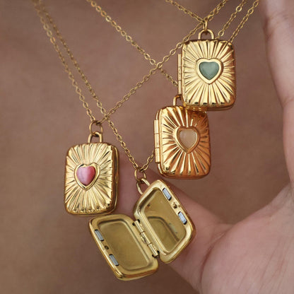 Personalized Magnetic Album Necklace - Double Photo Holder Pendant With Heart Cat's Eye Stone, For Custom Memories
