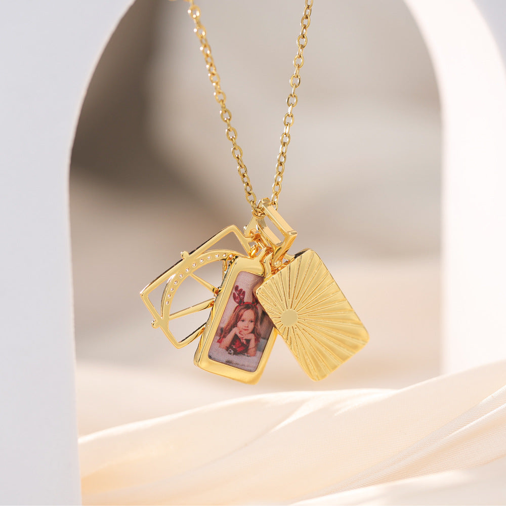 Custom Double Photo Necklace - 3-Layer Copper Pendant with Egyptian Sun and Star-Moon Design, Holds 2 Photos - Memorial Jewelry