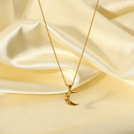 18K gold-plated stainless steel three-zircon moon pendant necklace