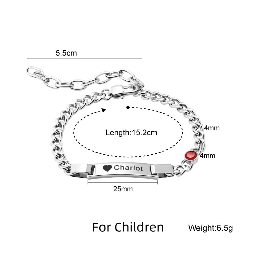 Custom Engraved Parent - Child Cuban Link Bracelets - Personalized Birthstone, Stainless Steel Curved Bar - Parent - Child Bracelet Set